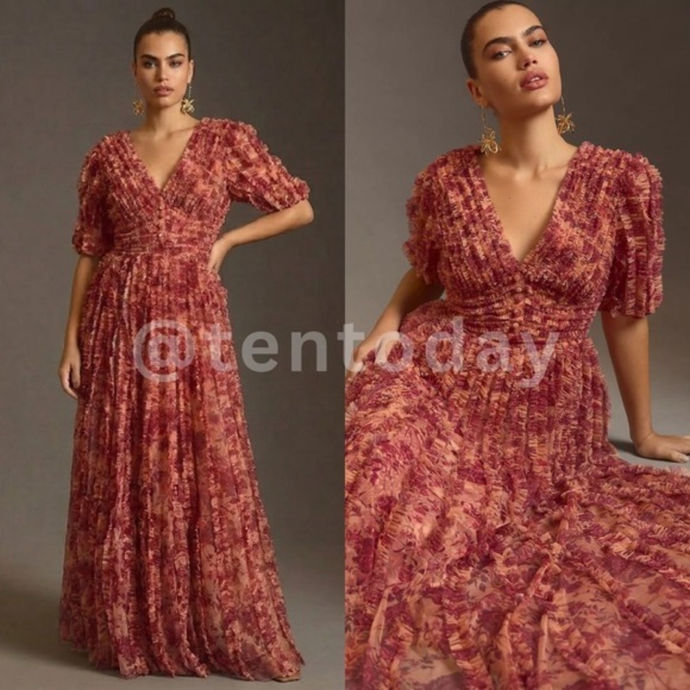 $798 NWT Anthropologie Mac Duggal Size 4 Red Floral Ruffle Long Maxi Dress Gown - Picture 2 of 12